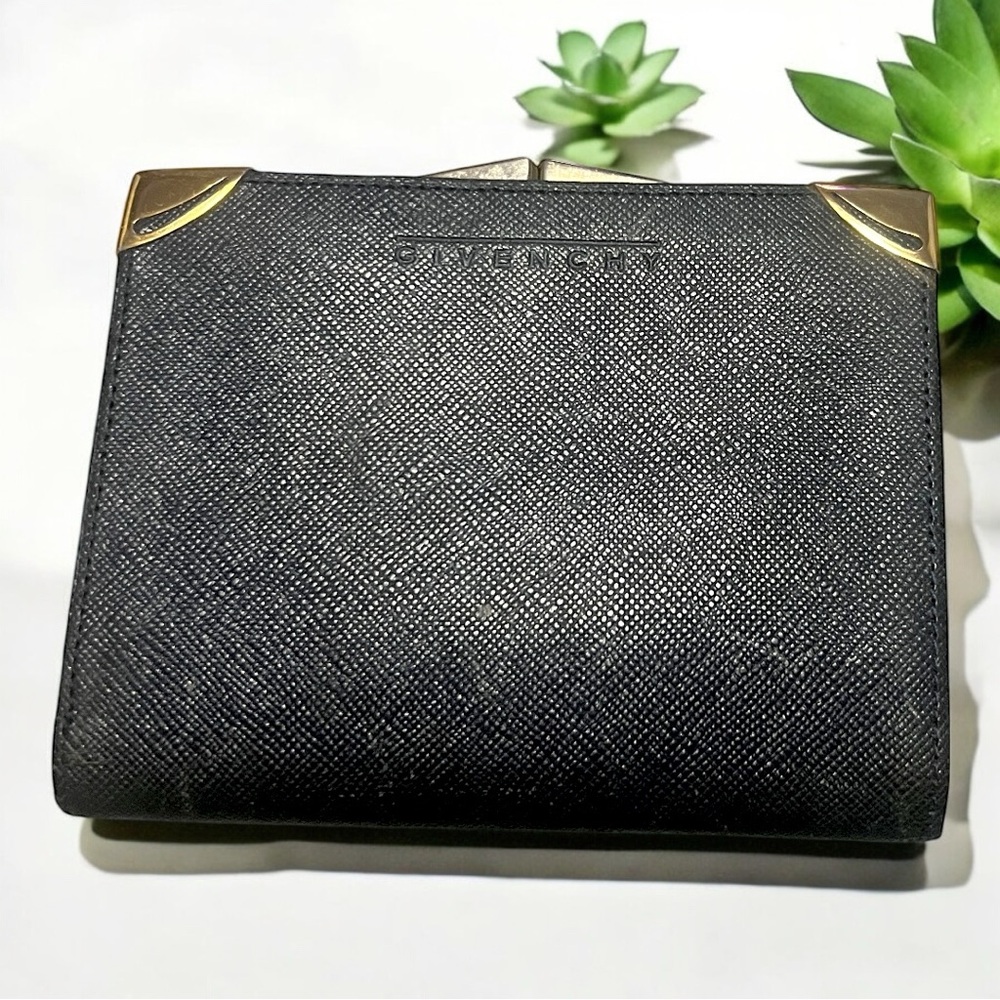 Vintage Givenchy Paris Framed Kiss Lock Wallet Navy Black Saffiano Leather Gold - Picture 2 of 14
